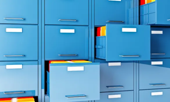 Archivadores y cajas de almacenamiento azul organizadas en estantería