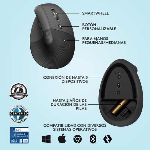 Ratón vertical Logitech Lift – Bluetooth e inalámbrico USB, 4 botones, 4000 dpi, uso diestro, negro/gris