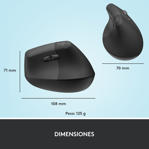 Ratón vertical Logitech Lift – Bluetooth e inalámbrico USB, 4 botones, 4000 dpi, uso diestro, negro/gris