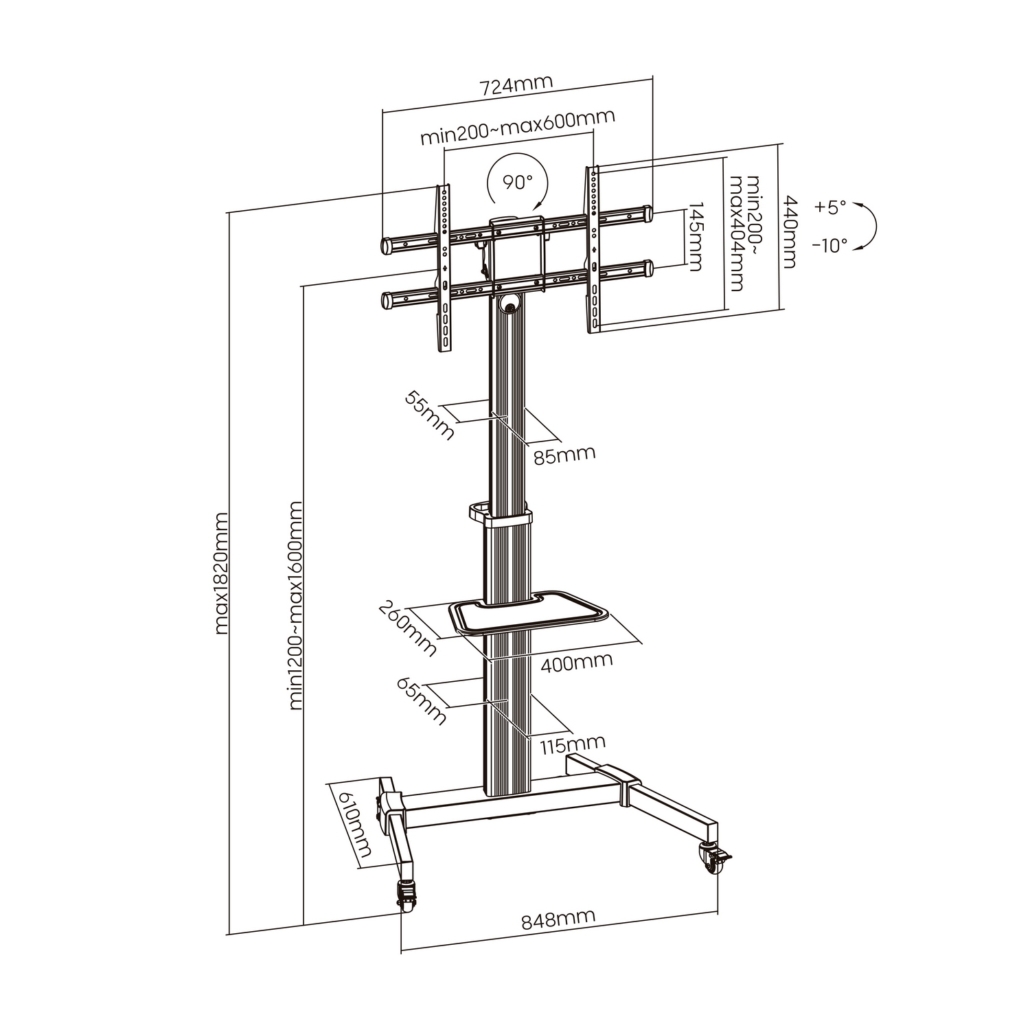SOPORTE DE SUELO CON RUEDA, BANDEJA PARA DVD PARA MONITOR/TV 50KG DE 37-86, NEGRO-PLATA
