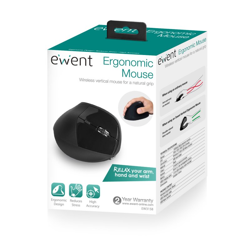 Ewent EW3158 – Ratón Vertical Ergonómico Inalámbrico, 1600 DPI