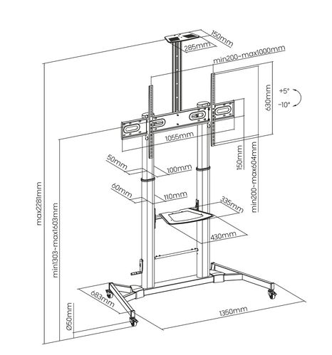 Soporte de Suelo AISENS ECO – TV/Monitor 60"-100", 100 kg, con Ruedas, Manivela y Bandeja, Negro