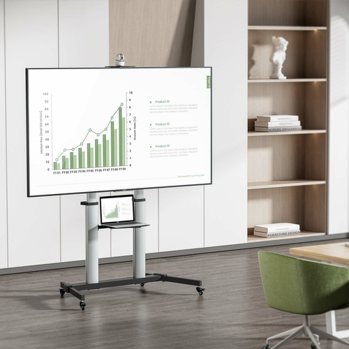 Soporte de Suelo PRO FT100TE-259 – Para TV/Monitor 60”-100”, 100 kg, con Ruedas, Bandeja y Soporte Cámara, Negro/Plata