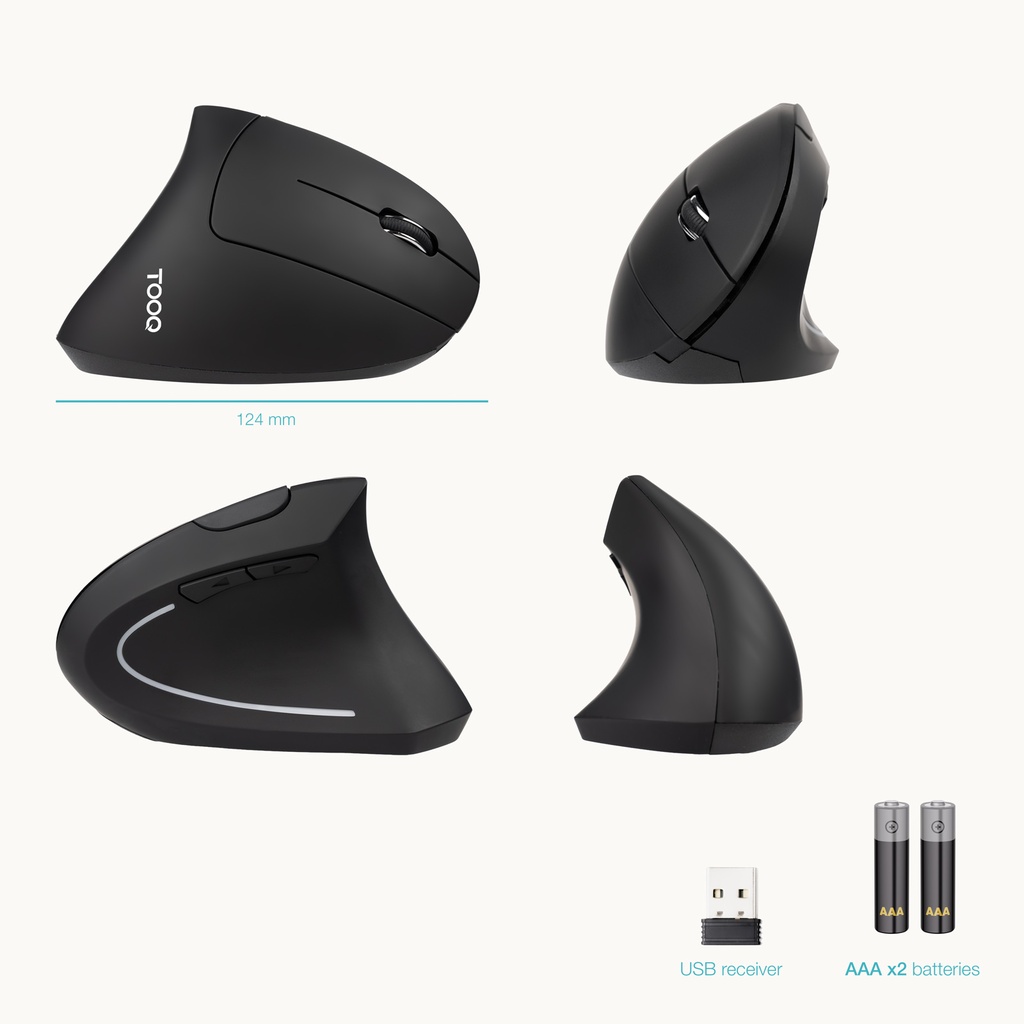 Ratón inalámbrico ergonómico vertical TooQ - 3200 DPI, 6 botones, negro