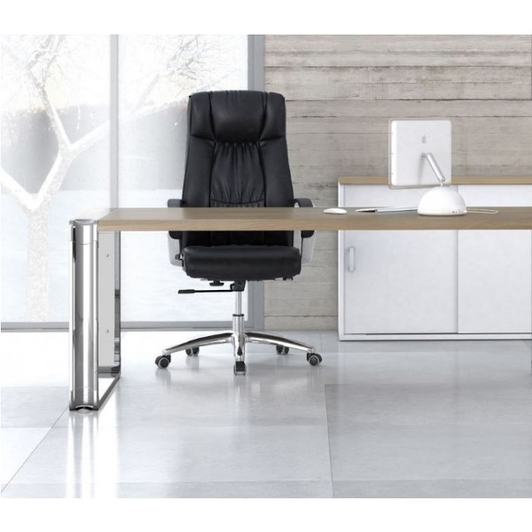 SILLÓN DIRECCIÓN ROA BASCULANTE CON BRAZOS, BASE ALUMINIO PULIDO, TAPIZADO`PU NEGRA