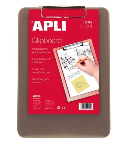 Portapapeles A4 Apli – pinza superior, plástico transparente gris