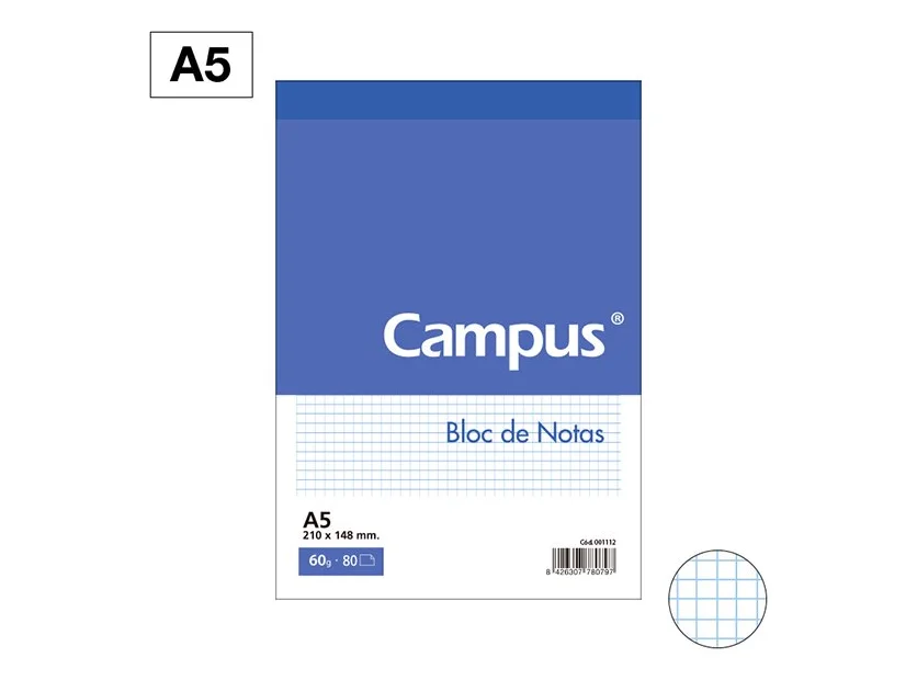 Bloc Notas Microperforado Campus A5 80 Hojas 60g Cuadrícula 4 mm