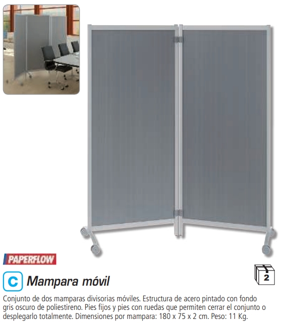 Mampara separadora 2 módulos – 70×180 cm, estructura metálica gris, panel gris