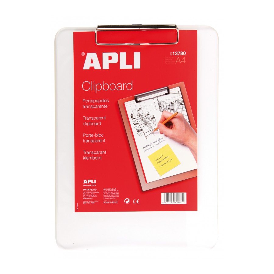 Portapapeles A4 Apli – pinza superior, plástico transparente