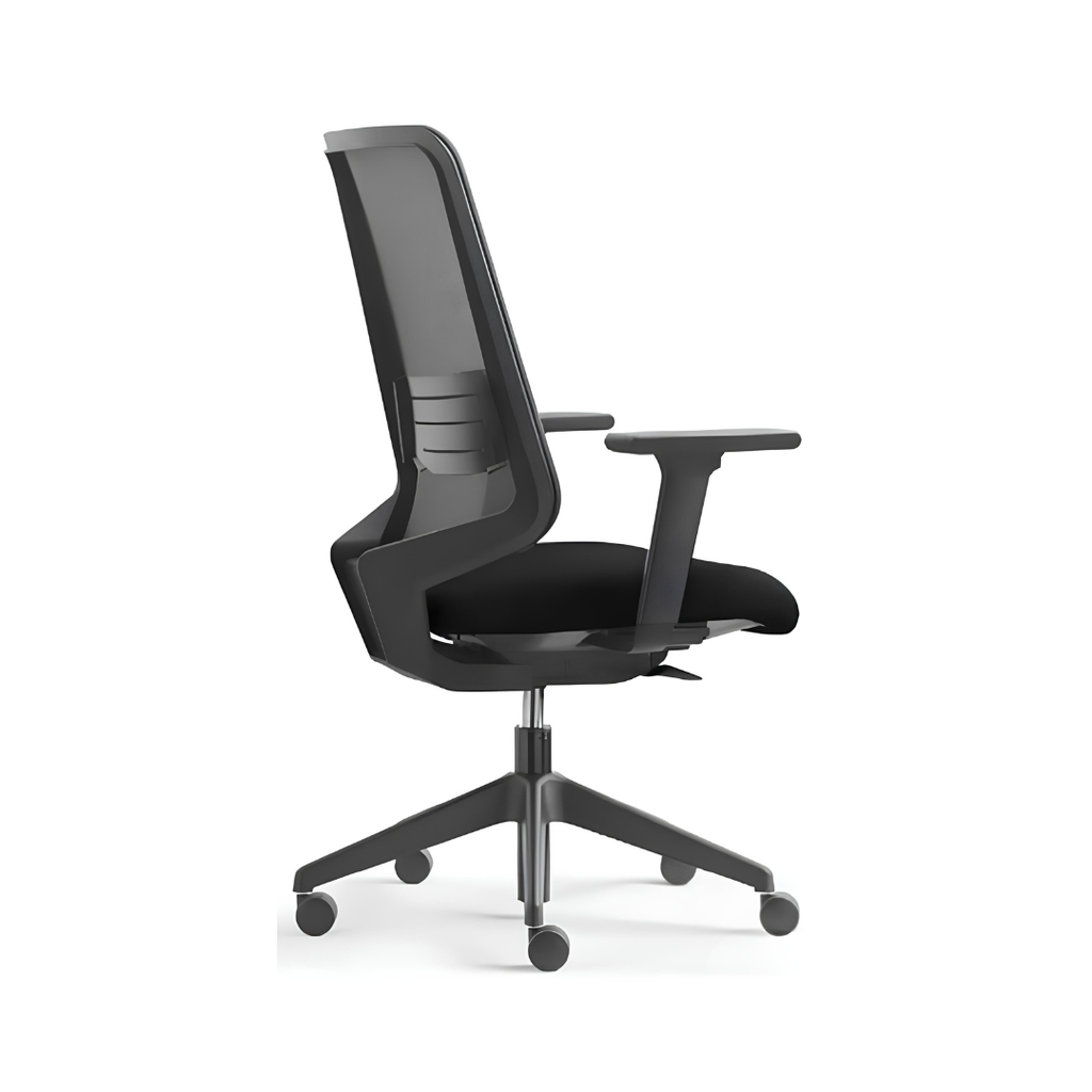 Silla de oficina Dot Home – mecanismo sincro autopesante, regulación lumbar, brazos 1D, malla negra y tejido Phoenix negro