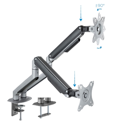 Soporte de mesa Tooq con 2 brazos articulados – monitores 17″–32″, giratorio, inclinable, gris