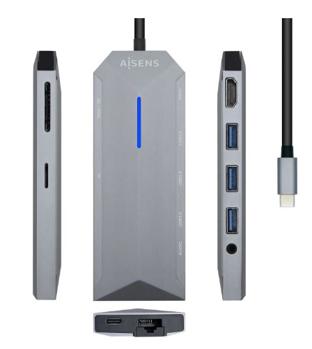 Adaptador HUB 9 en 1 Aisens USB‑C – 3× USB‑A, HDMI, RJ45, PD 100 W, audio, SD/MicroSD, aluminio, cable 15 cm