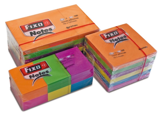 Notas adhesivas Fixo – 76×76 mm, colores neón, 100 H, pack 6 tacos