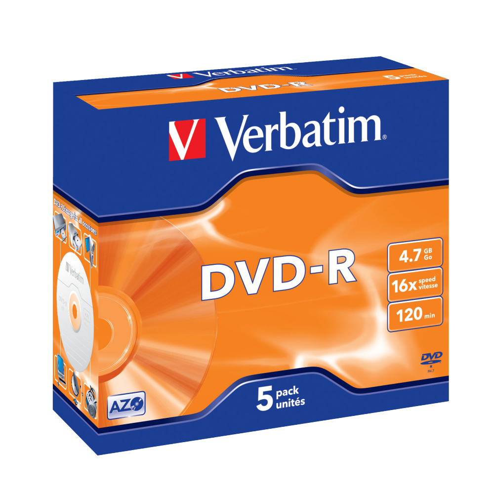 Pack 5 DVDs grabables Verbatim DVD‑R – 4.7 GB, 120 min