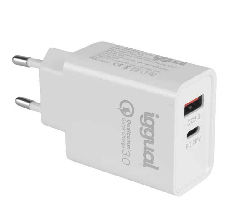 Cargador de pared – doble USB + USB‑C PD 20 W con QC 3.0