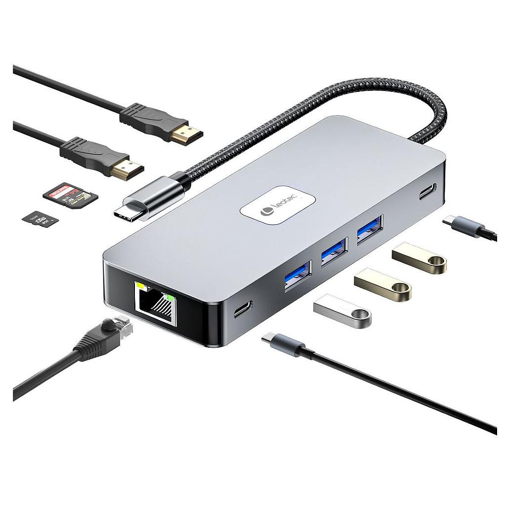 Adaptador Leotec USB-C 10 en 1 – 2x HDMI, RJ45, 3x USB-A 3.0, USB-C PD, SD/MicroSD