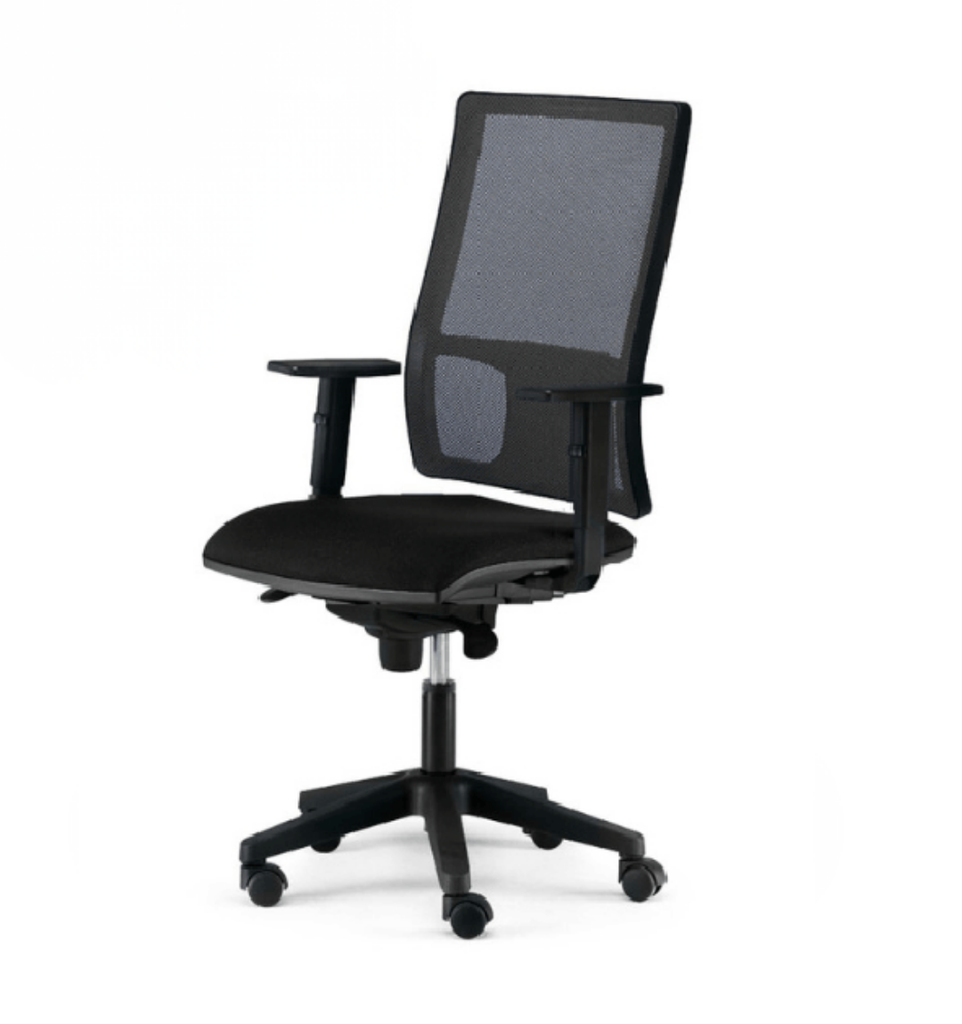 Silla de oficina ergonómica DMAC Confort 2330‑6 – respaldo alto de malla, apoyo lumbar, mecanismo sincro 5P, asiento con espuma 50 kg/m³, brazos 2D, ruedas blandas, negro