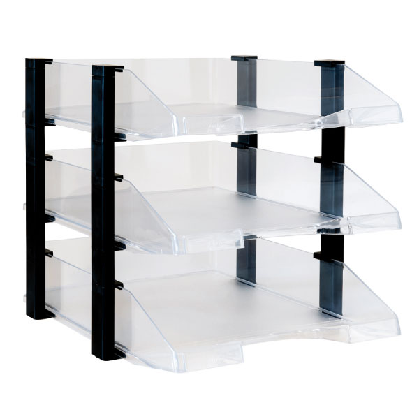 Set 3 bandejas apilables Archivo 2000 – transparentes, con elevador negro