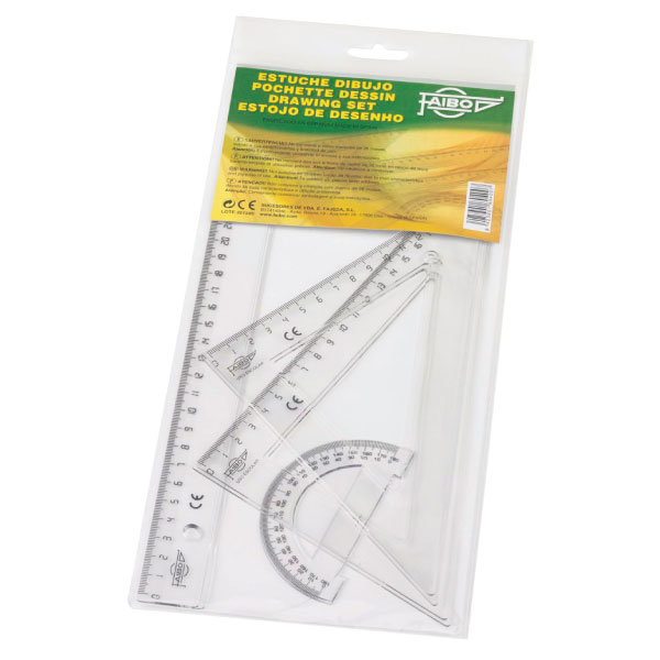 Set de geometría Faibo – regla 30 cm, escuadra 45° 25 cm, cartabón 60° 25 cm, semicírculo 9 cm