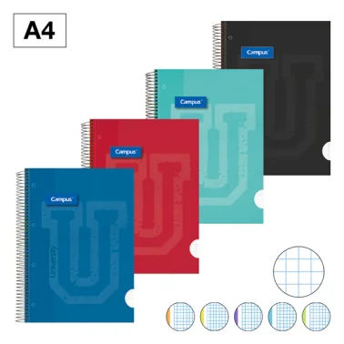 Bloc espiral A4 Campus University – 120 H, 90 g, tapa extradura, cuadrícula 5×5, colores surtidos