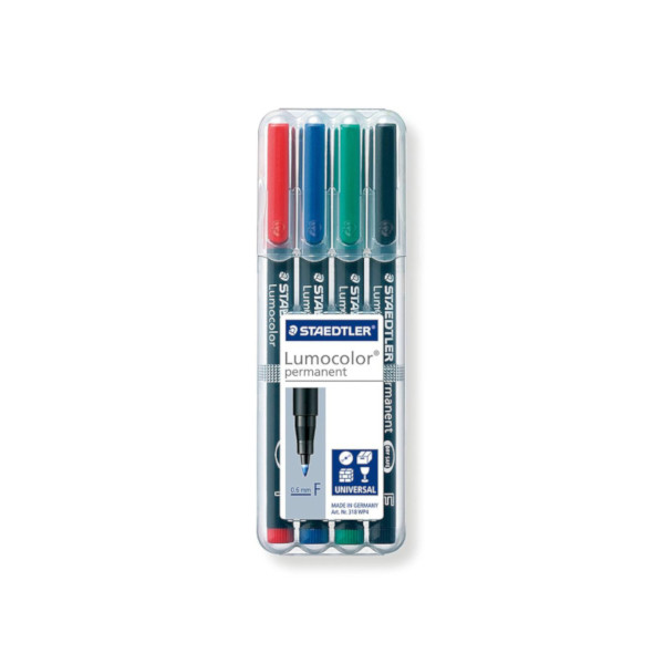 Rotuladores permanentes Staedtler Lumocolor – punta F, pack 4 uds