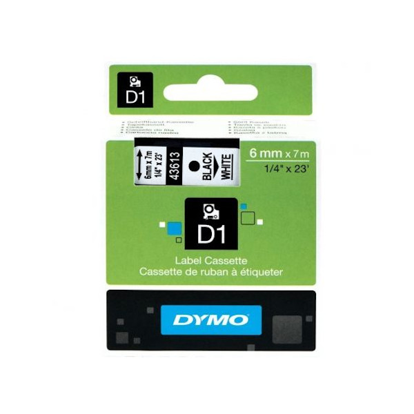 Cinta rotuladora Dymo D1 – 6 mm × 7 m, negro sobre blanco