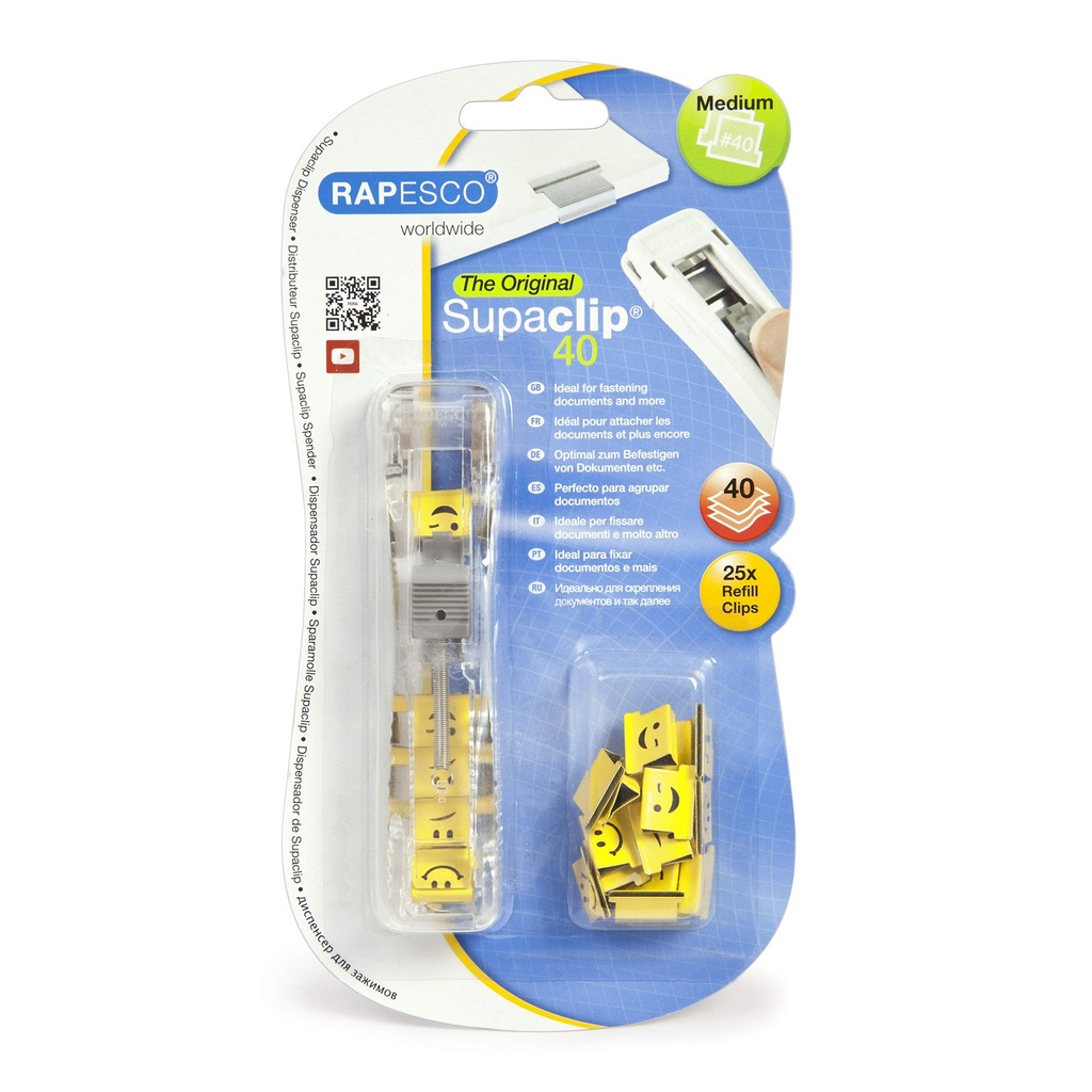 Dispensador de clips Rapesco – traslúcido, con 25 clips adicionales, 40H