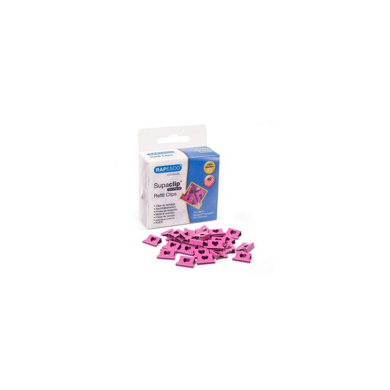 Recarga Supaclips Rapesco 40 – corazones rosas, caja 100 uds