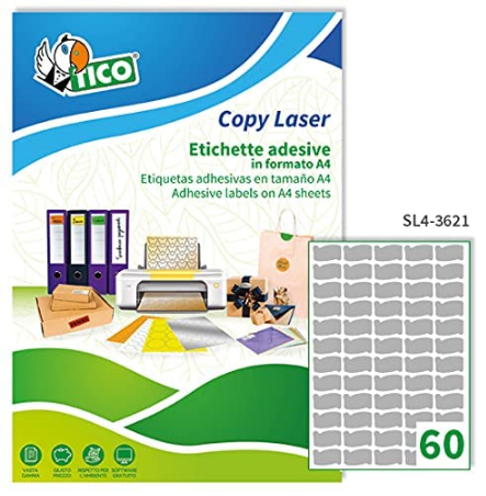 Etiquetas ovaladas papel plata satinado Tico – 36×21 mm, 6000 uds, caja