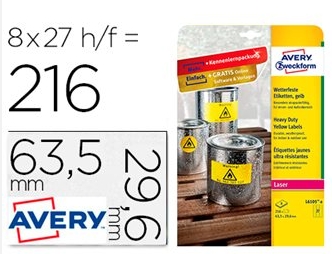 Hojas de etiquetas en poliéster Avery – amarillas, 63,5×29,6 mm, pack 8 uds