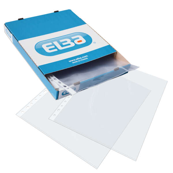 Caja 100 Fundas Multitaladro Elba Tamaño Folio (Fº) Extra Fuertes 105 Micras Acabado Cristal (PP Transparente)