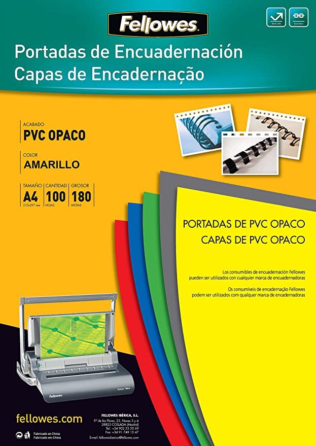 Tapas de encuadernación A4 Fellowes – PVC, 180 μm, amarillo, pack 100 uds