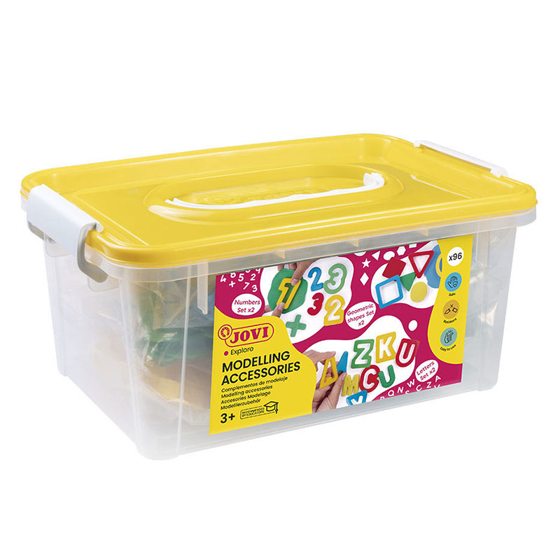 Baúl con moldes Jovi – letras, números y formas geométricas, 96 uds