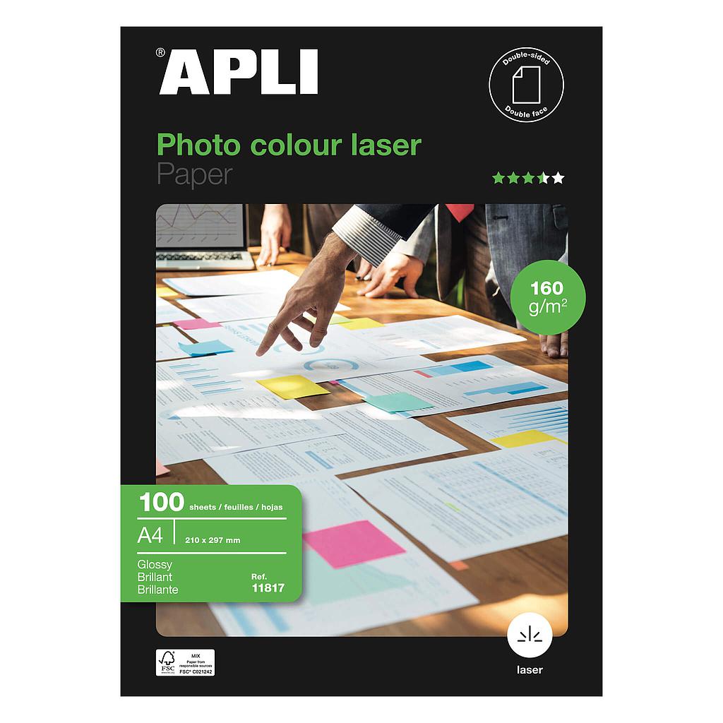 Paquete de 100 hojas de papel fotográfico láser A4 – Doble cara, 160 g, color Apli (Ref. 11817)