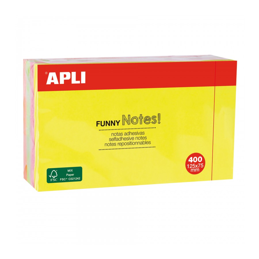 Notas adhesivas Apli – 75×125 mm, colores neón, cubo 400 uds