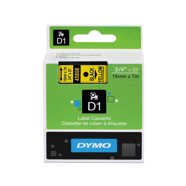 Cinta rotuladora Dymo D1 – 19 mm × 7 m, negro sobre amarillo