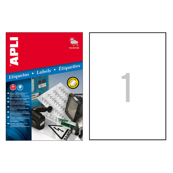 Etiquetas poliéster blanco adhesivo A4 Apli – 210×297 mm