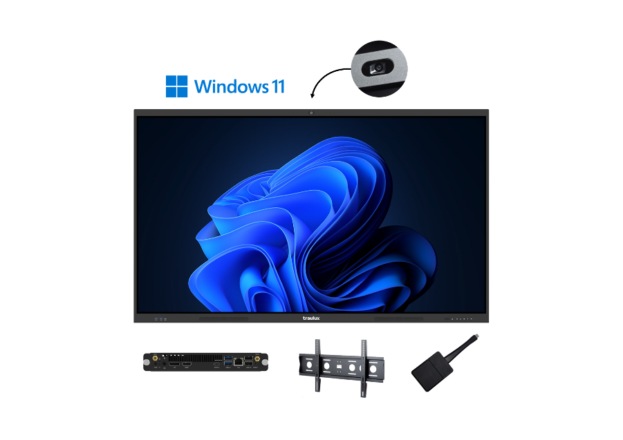 Kit de monitor interactivo 65″ 4K – cámara y micrófono integrados, OPS Windows, dongle Wi‑Fi