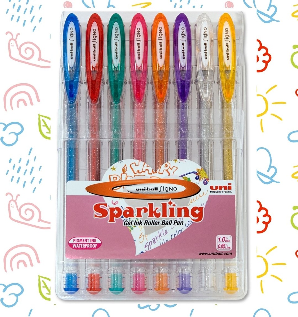 Bolígrafos roller purpurina Uni-ball UM‑120SP Uni Signo – estuche 8 uds