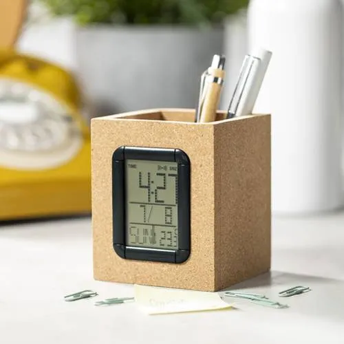 Cubilete lapicero de corcho Wicam Nature – con reloj multifunción