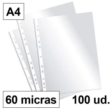 Funda multitaladro A4 Plus office – PP 60 micras, cristal, lomo reforzado, 100 uds