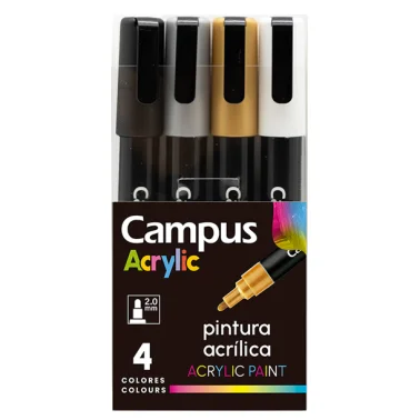 Rotuladores acrílicos punta redonda 2 mm Campus Acrylic – 4 uds, colores metálicos