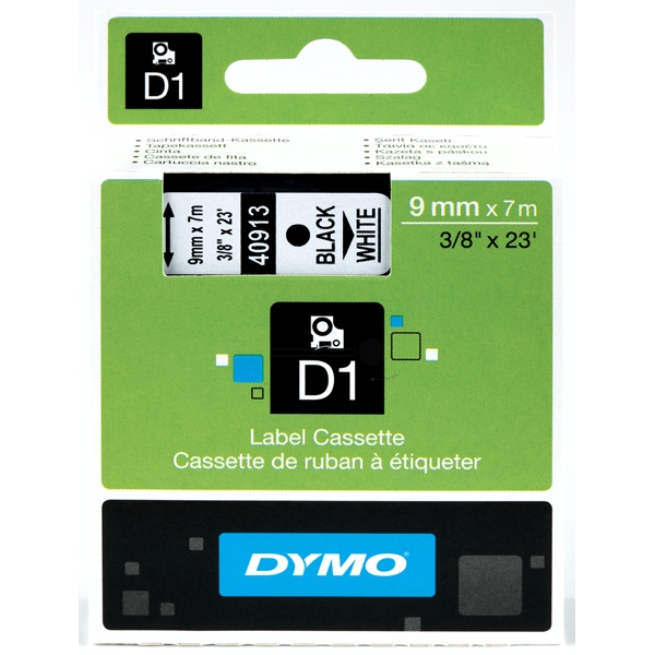 Cinta rotuladora Dymo D1 – blanco sobre negro, 9 mm × 7 m