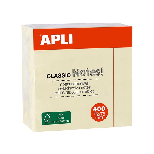 [MEESD01371] Cubo 400 Notas adhesivas Apli – 75×75 mm, amarillas[11597] 