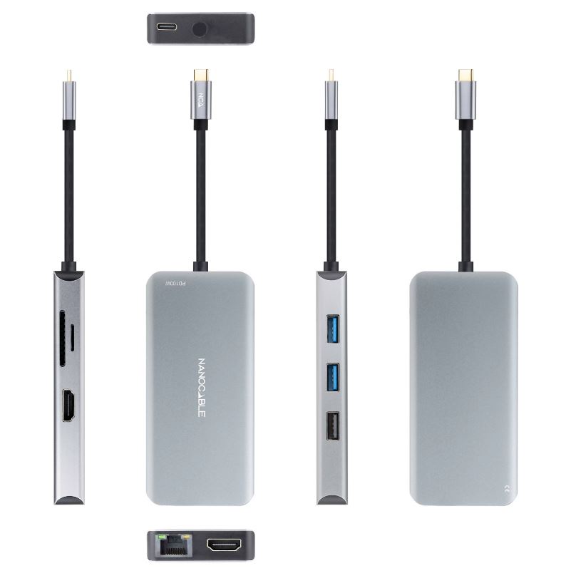 HUB USB-C 9 en 1, Conversor USB-C a 3 x USB-A + 2 x HDMI + RJ45 + TF + SD + USB-C PD 100W, Aluminio, 15 cm, Gris. Nanocable