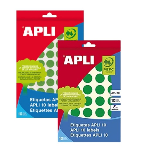 Sobres con Etiquetas Adhesivas Redondas Verdes APLI – 10 mm, 13mm o 19 mm de Diámetro