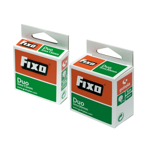 Rollo cinta adhesiva doble cara Fixo – 5 m × 15 mm / 5 m × 30 mm