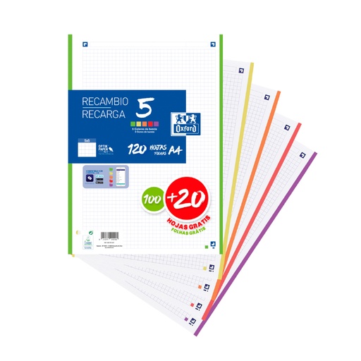 [MEOXF0092 - 060464] Recambio de 120 hojas A4 5×5 – 5 colores banda vivos (Ref. 400148310)[400148310] 