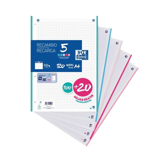 [MEOXF00921 - 060465] Recambio A4 – 120 H, cuadrícula 5×5, 5 colores pastel[400146851] 