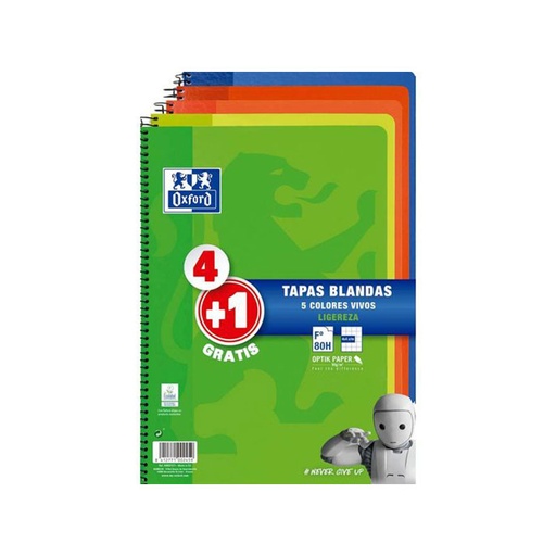 [MEOXF0154 - 012130] Cuadernos Oxford Europeanbook – folio, 80 H, cuadrícula 4×4, tapa blanda, colores surtidos, pack 4+1 uds[R.400027271] 
